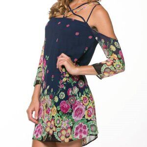 New Mitto Floral Print Dress M Womens Lined Strappy Cold Shoulder 3/4 Sleeve